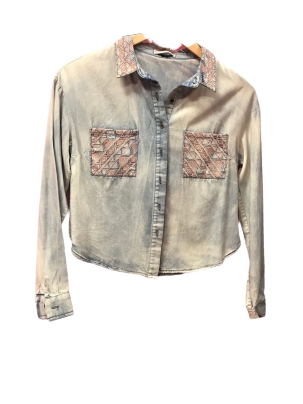 dani Chambray Shirt Crop Top Stitch Pockets 100% Cotton Bohemian Medium Festival